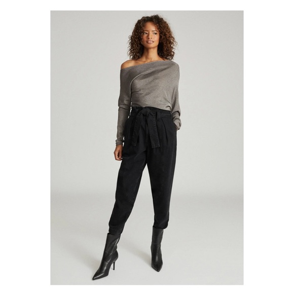 New! REISS Isla Metallic Knit One Shoulder Top - Picture 2 of 12